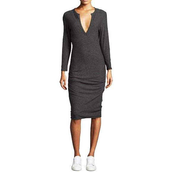 James Perse Henley Dress Deep Charcoal Melange Heathered V-Neck Ruched Mini 0 XS - Picture 4 of 8